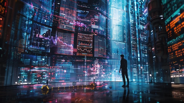 An image of a bustling city trading environment holographic displays and individuals of various economic backgrounds and competitiveness Technological advancements in the financial services industry