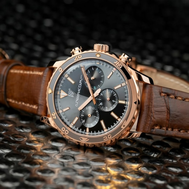 Analog wrist watch with brown dial and brown strap on wooden table