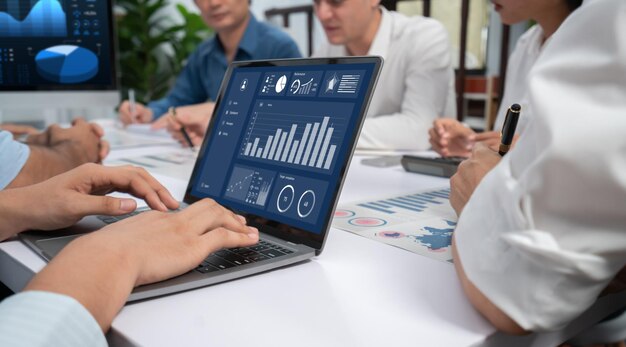 Analyst team uses BI Fintech on a laptop to analyze financial data Prudent
