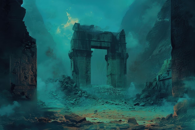 Ancient ruins of an underwater city gate shrouded in mystery and forgotten legends
