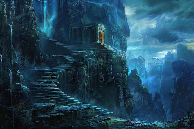 Ancient temple ruins in a stormy mountain landscape with waterfalls