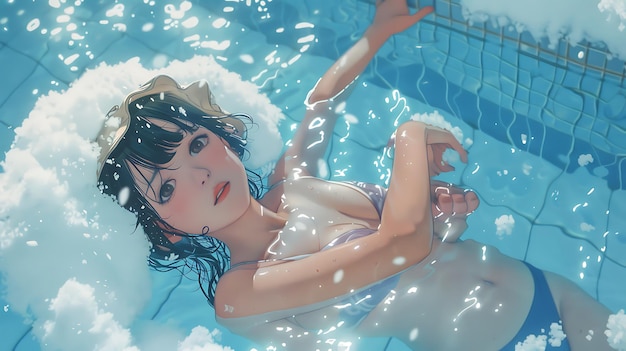 anime girl floating in pool with clouds