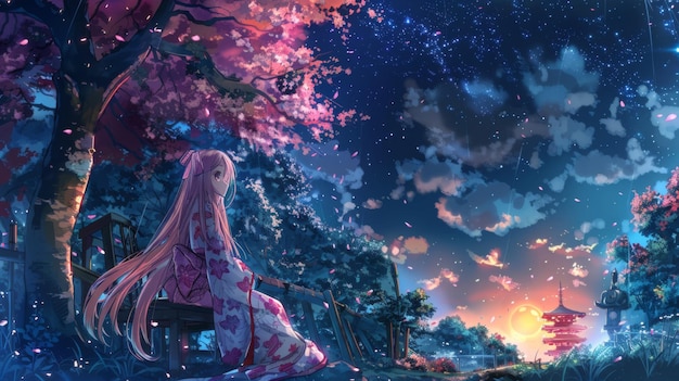 anime girl in kimono under sakura tree at night