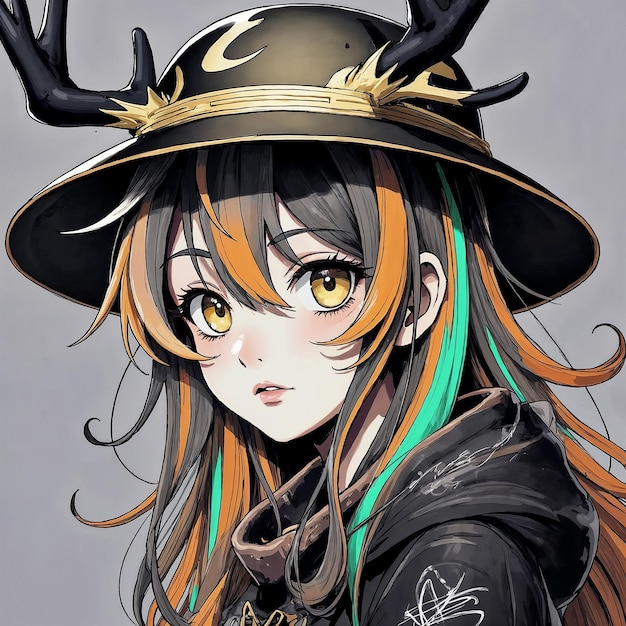 Animepige med gevir og en hat