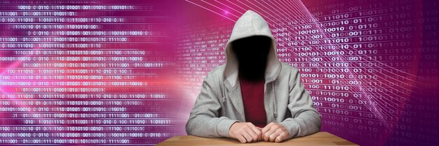 Anonymous hacker with computer code binary interface