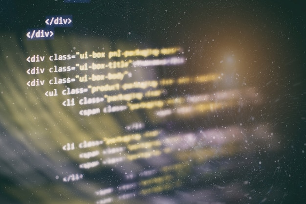 Användning av CSS, JavaScript och HTML. Övervakningsbild av funktionskällkod. Abstrakt IT-teknikbakgrund. Programvarukällkod.