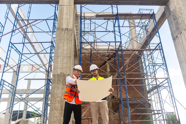 Architects engineer are checking the progress of the building project and checking the accuracy of the building structure
