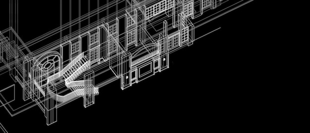 architecture interior stair column windows element design concept 3d perspective white wireframe rendering black background