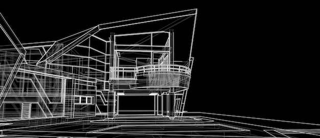 Arkitektonisk designkoncept af bygningsfacade, 3D-perspektiv, hvid wireframe-rendering