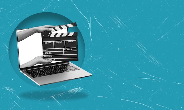 Art collage movie shooting clapper and laptop on blue background with copy space