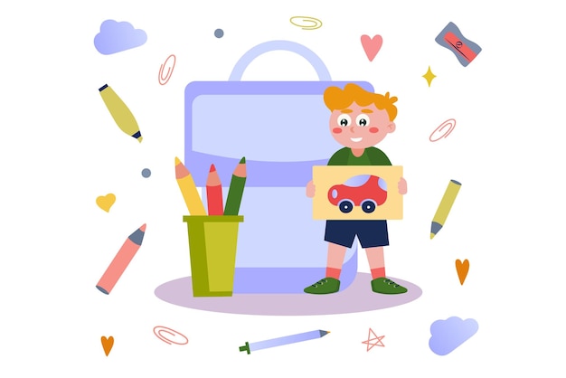 Art concept with people scene in flat cartoon design A satisfied boy shows the car