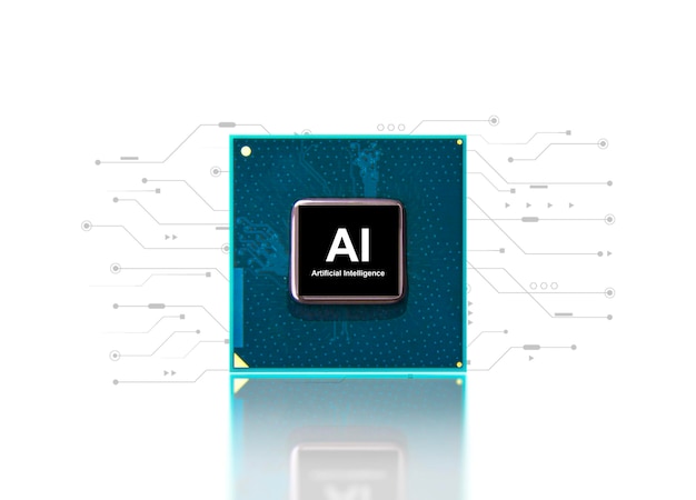 Artificial intelligence AI and machine learning concept Computer processor chip with microchip isolated and electronic circuit pattern on white background