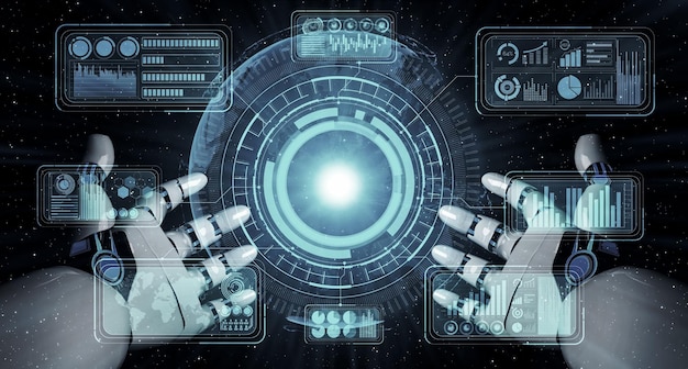 Artificial intelligence AI research of robot and cyborg development for future of people living Digital data mining and machine learning technology computer communication 3D illustration