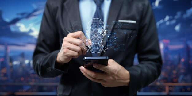 Artificial Intelligence Ai technology using technology smart robot AI artificial intelligence by enter command prompt for generates something Chat with AI Futuristic technology transformation