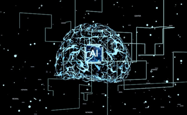 Artificial Intelligence computing simulating human brain thought processes in computerized model. AI visualization showing machine learning algorithms using pattern recognition, 3D render animation