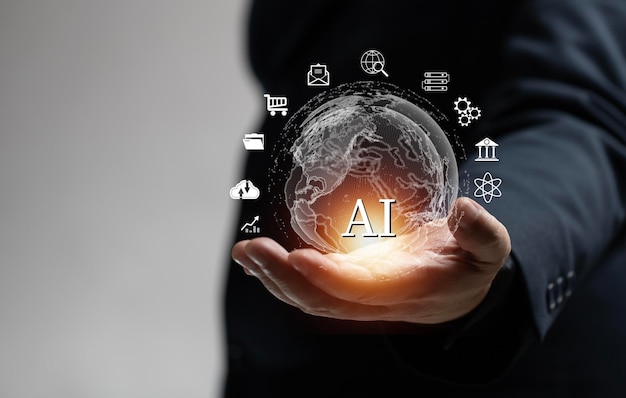 Artificial intelligence concept businessman hand hold world AI Hologram