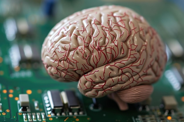 Artificial intelligence concept with brain on circuit board
