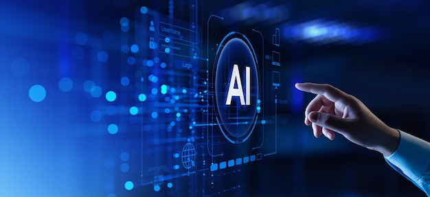 Artificial intelligence technology concept human hand touching virtual ai interface