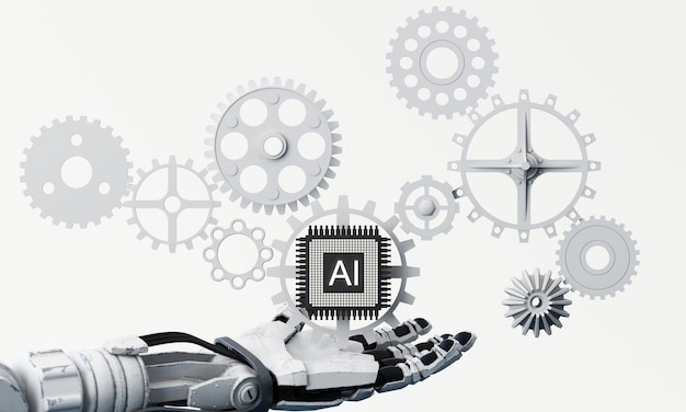 Artificial intelligence web banner of a processor chip and robot hand The process of data processing Developments in modern technologies Microcircuits on neon glowing background 3D rendering