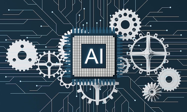 Artificial intelligence web banner of a processor chip The process of data processing Developments in modern technologies Microcircuits on neon glowing background 3D rendering