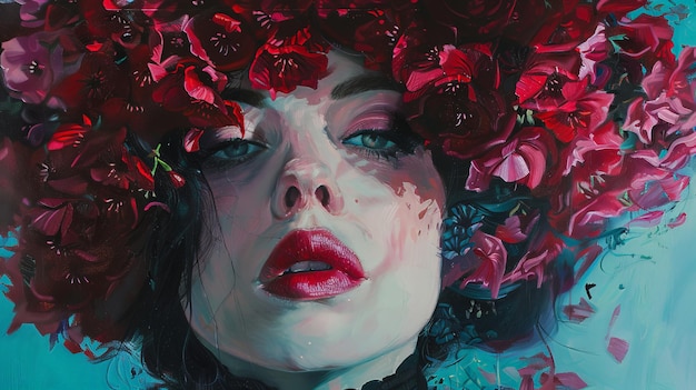 artistic portrait painting of a woman with vibrant red flowers in her hair featuring expressive eyes and bold red lips on a blue background