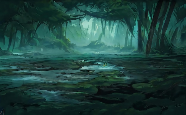 artwork is a fabulous landscape of mountains, trees, rivers and grass, a fantasy sketch of amazing nature. artwork sketch of beautiful mystical trees. illustration