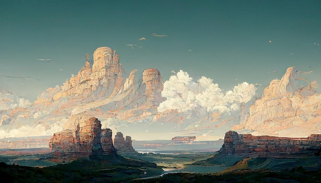 artwork sketch of natural peaceful illustration. fabulous watercolor landscape of mountains, flowers