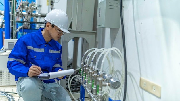 asian engineer working at operating hallthailand people wear helmet workhe worked with diligence and patienceshe checked the valve regulator at the hydrogen tank