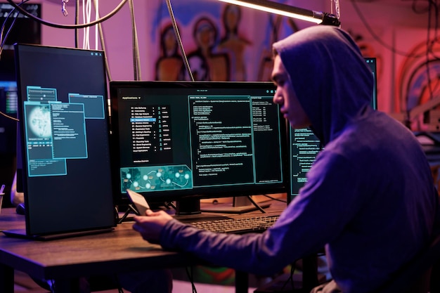 Asian hacker holding ssd with virus