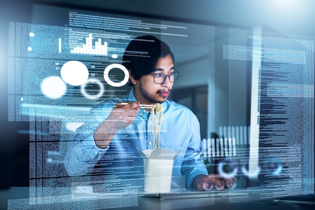 Asian man computer engineering and programming code in typing for innovation or web research Data scientist tech and cybersecurity for blockchain overlay or futuristic with working late or eating