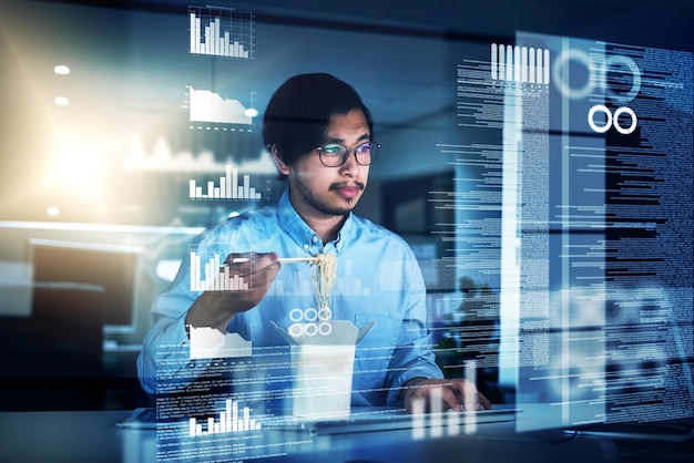 Asian man data scientist and programming code in typing for innovation or web research Computer engineering tech and cybersecurity in blockchain overlay or futuristic at night with eating noodles