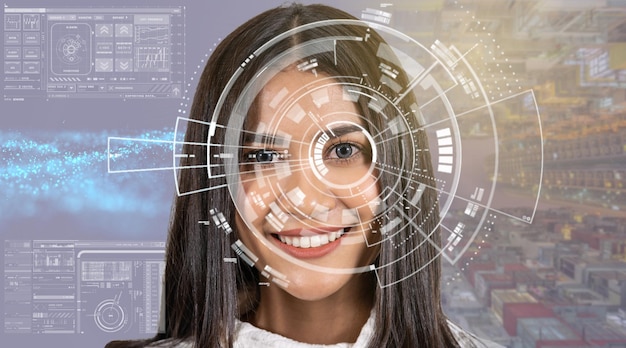 Asian women being futuristic vision over the Part of graphic particle, digital technology screen