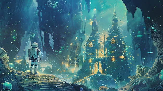 astronaut explores a mysterious glowing underwater castle in a stunning artwork blending scifi and fantasy themes