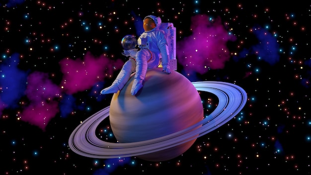 Astronaut sitting on Saturn and space background. 3d rendering.