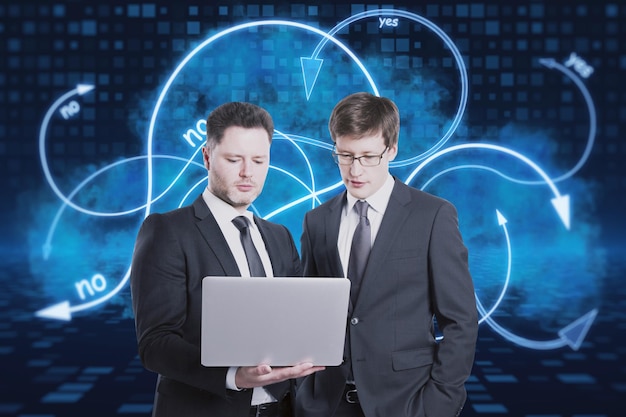 Attractive young european businessean using laptop with various digital arrows on blue pixel background Metaverse teamwork augmented reality choice and direction concept