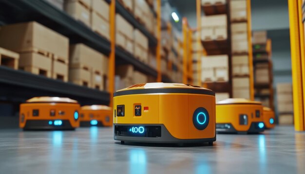 automated robots navigating through a warehouse filled with stacked boxes in the afternoon