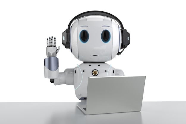 Automation customer service concept with 3d rendering cute robot working with headset and notebook