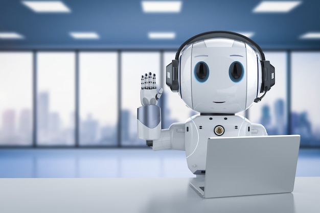 Automation customer service concept with 3d rendering cute robot working with headset and notebook