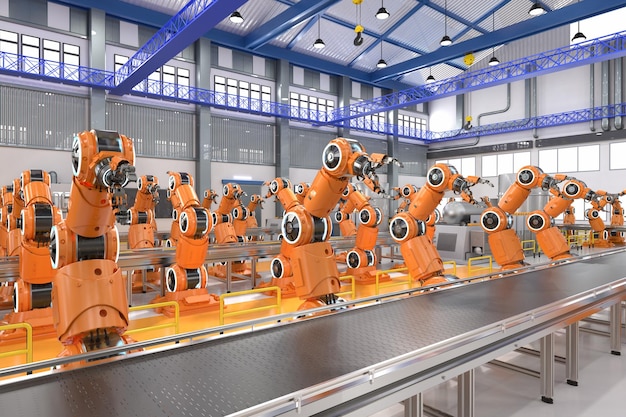 Automation industry concept with 3d rendering robot assembly line with empty conveyor belt