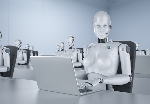 Automation office worker concept 3d rendering group of female cyborgs or robots work on computer notebook