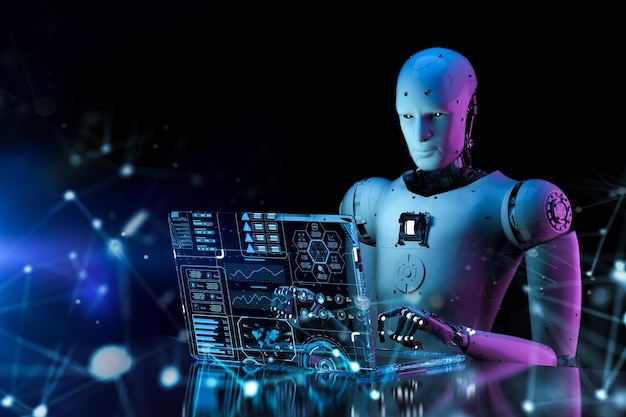 Automation programmer with 3d rendering robotic worker work with computer notebook