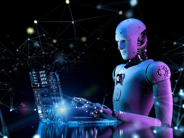 automation programmer with 3d rendering robotic worker work with computer notebook