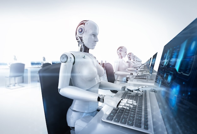 Automationsarbejder-koncept med 3D-rendering kvindelige cyborgs, der arbejder på kontor