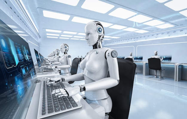 Automationsarbejder-koncept med 3D-rendering kvindelige cyborgs, der arbejder på kontor