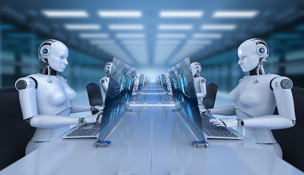 Automationsarbejder-koncept med 3D-rendering kvindelige cyborgs, der arbejder på kontor