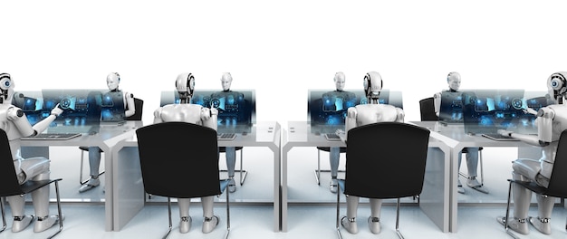 Automationsarbejder-koncept med 3D-rendering kvindelige cyborgs, der arbejder på kontor
