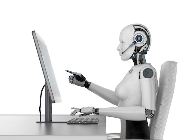 Automationsarbetarkoncept med 3D-rendering kvinnlig cyborg eller robot arbetar på stationär dator
