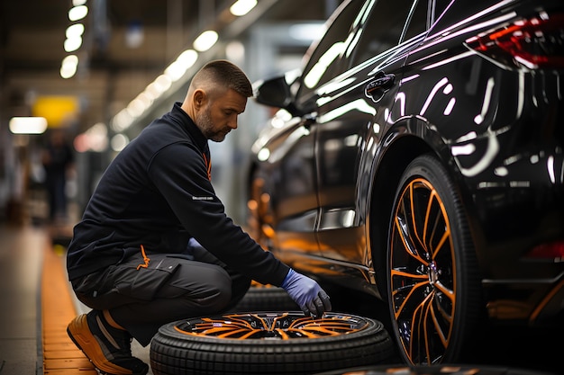 Automekaniker, der arbejder på værksted og skifter alufælge. Reparation eller vedligeholdelse af autoservice