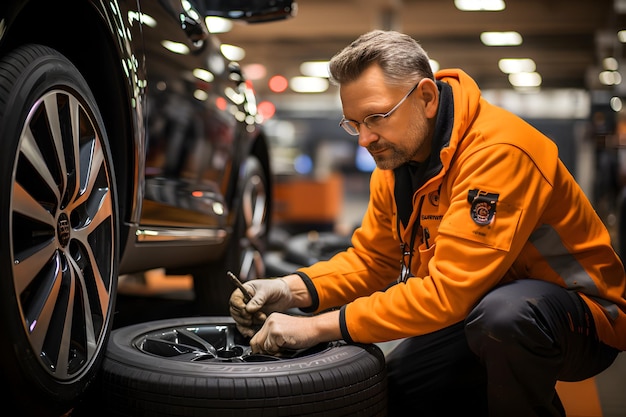 Automekaniker, der arbejder på værksted og skifter alufælge. Reparation eller vedligeholdelse af autoservice