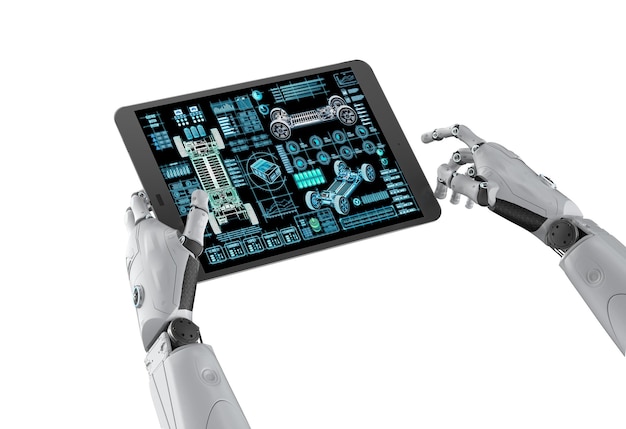 autonomous car maintenance with engineer robot hold digital tablet with electric car user interface